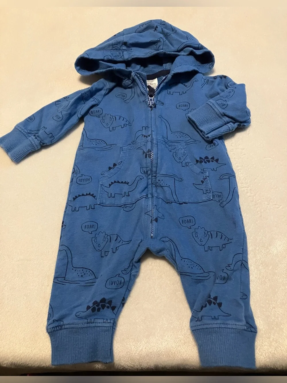 Blue Dinosaur Hooded One-Piece Zip Romper